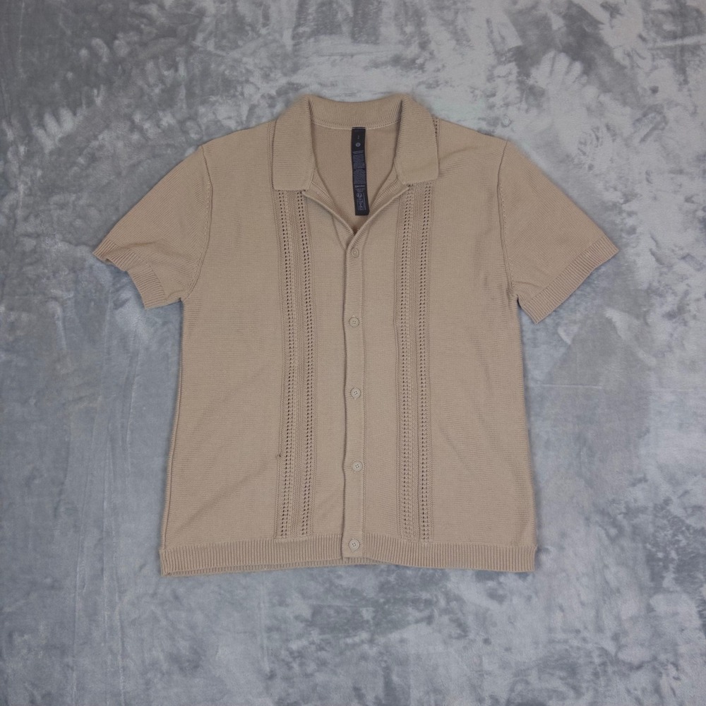Lululemon Knit Button Down Shirt Mens Small Tan Beige Pointelle Polo Cabana
